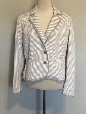 Sandro Womens Large Gray White Seersucker Blazer Gold Button Cotton